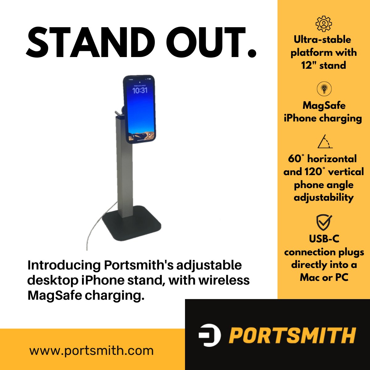 PortsmithTech's tweet image. Just launched: Portsmith&apos;s desktop iPhone stand with MagSafe wireless charging. 📱⚡
Adjustable and ultra-stable, this stand is the perfect addition to your #workfromhome setup, and an ideal height for hands/monitor-free video calls and content creation. portsmith.com/product/iphone…