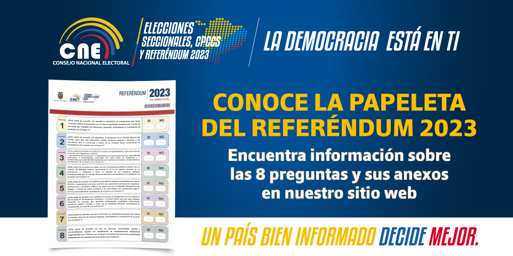 cnegobec (@cnegobec) on Twitter photo 2023-01-11 14:45:27 Este 5 de febrero recibirás la papeleta del #Referéndum2023 🗳️🧾 Conoce cómo identificarla, las preguntas que contiene y sus anexos ingresando al siguiente enlace ➡️ candidatos2023.cne.gob.ec/consulta Un país bien informado decide mejor. ✔️ Este 5 de febrero recibirás la papeleta del #Referéndum2023 🗳️🧾 Conoce cómo identificarla, las preguntas que contiene y sus anexos ingresando al siguiente enlace ➡️ candidatos2023.cne.gob.ec/consulta Un país bien informado decide mejor. ✔️