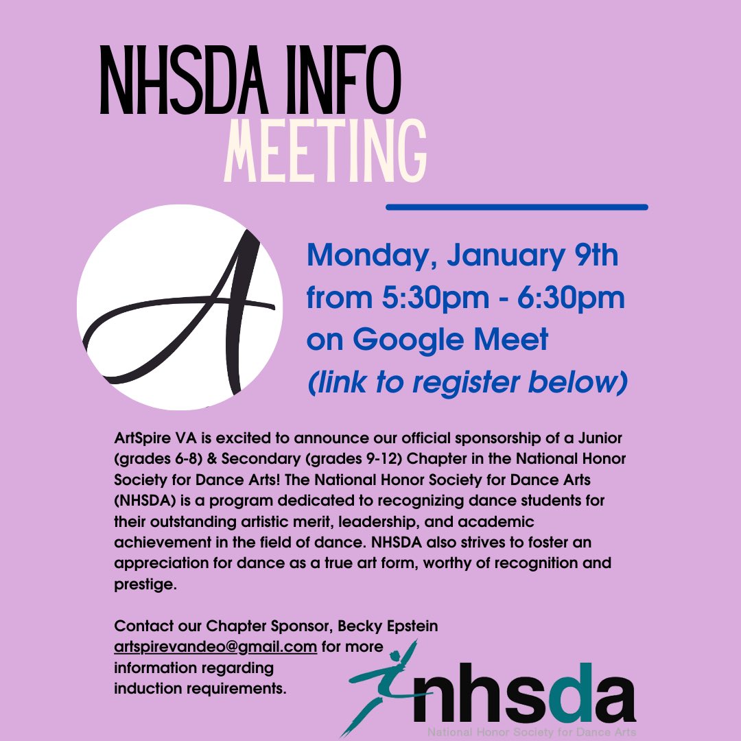 📢 CALLING ALL DANCERS! 

If you’re interested in joining the ArtSpire VA NHSDA Info meeting, on Monday January 9th from 5:30-6:30pm, please use the link in our bio for the Google Meet link @ArtSpireVa1