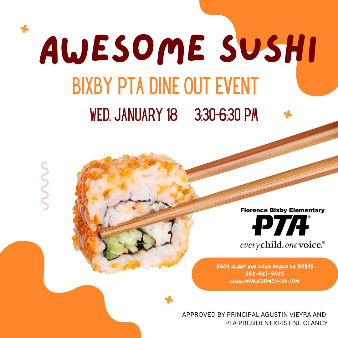 Support #bixbypta on January 18th at our monthly #diningfordollars- proceeds support Bixby PTA Arts and Cultural programming  <a href="/LBC_PTA/">LongBeachCouncil PTA</a> <a href="/ElemLBUSD/">LBUSD Elementary Office</a>