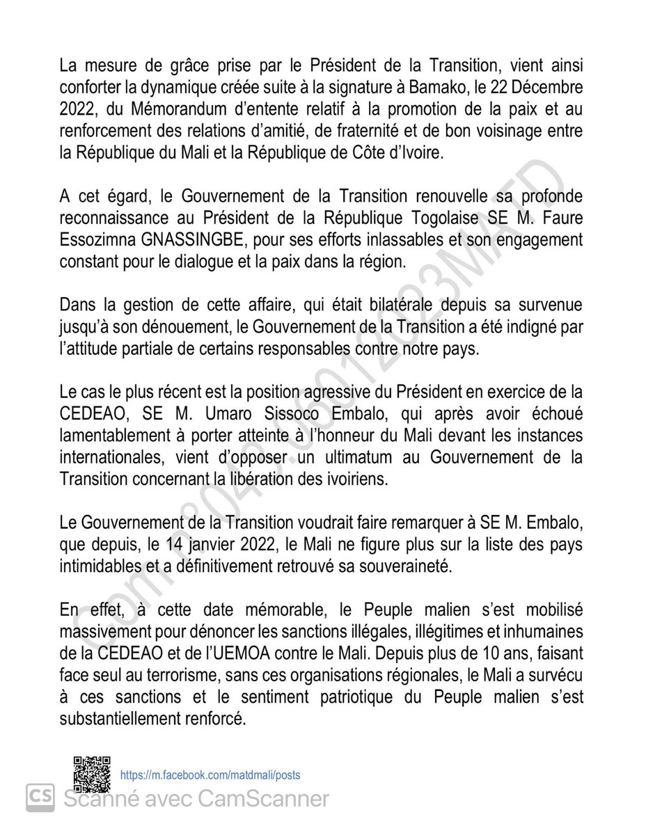MaliMaeci's tweet image. Communiqué N°043 du 06 janvier 2023 du Gouvernement de la Transition relatif à la grâce présidentielle accordée aux 49  Ivoiriens condamnés par la justice malienne.