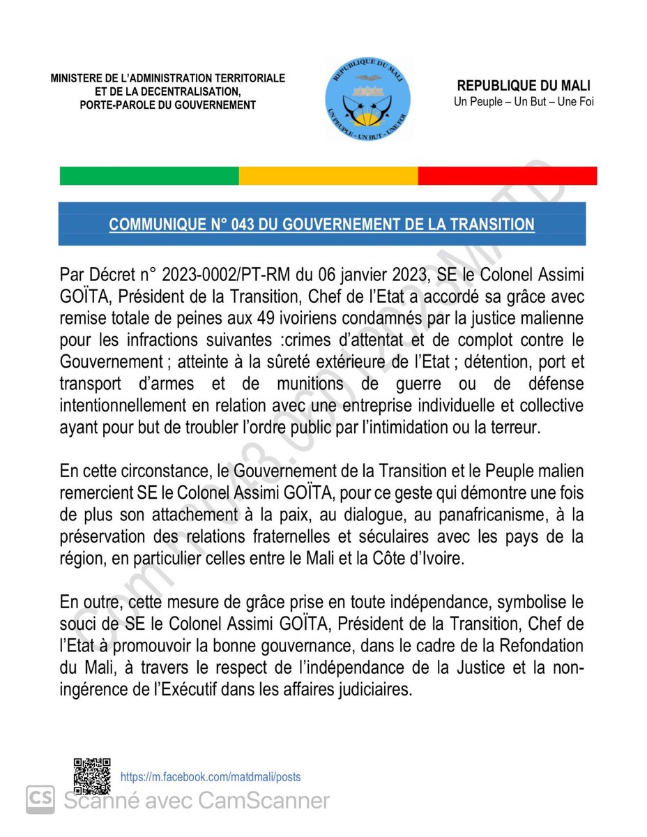 MaliMaeci's tweet image. Communiqué N°043 du 06 janvier 2023 du Gouvernement de la Transition relatif à la grâce présidentielle accordée aux 49  Ivoiriens condamnés par la justice malienne.