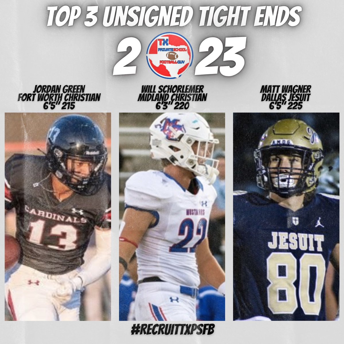 Texas Private School Football (@txprivatefbguy) on Twitter photo 🚨 There are still 2023 TXPSFB Football Prospects available!!! 🚨
Here are our Top 3 Unsigned Tight End Prospects to help complete your recruiting class!
<a href="/jordangreen131/">Jordan Green</a>
<a href="/WillSchorlemer/">Will Schorlemer</a>
<a href="/MattyWagner1/">Matty Wagner</a>
Also check out:
<a href="/cooperalford/">Cooper Alford</a>
<a href="/mcgary_luke/">Luke McGary</a>
<a href="/tylerkuo23/">Tyler Kuo</a>
<a href="/GraysonGando/">Gando1</a> 🚨 There are still 2023 TXPSFB Football Prospects available!!! 🚨
Here are our Top 3 Unsigned Tight End Prospects to help complete your recruiting class!
<a href="/jordangreen131/">Jordan Green</a>
<a href="/WillSchorlemer/">Will Schorlemer</a>
<a href="/MattyWagner1/">Matty Wagner</a>
Also check out:
<a href="/cooperalford/">Cooper Alford</a>
<a href="/mcgary_luke/">Luke McGary</a>
<a href="/tylerkuo23/">Tyler Kuo</a>
<a href="/GraysonGando/">Gando1</a>