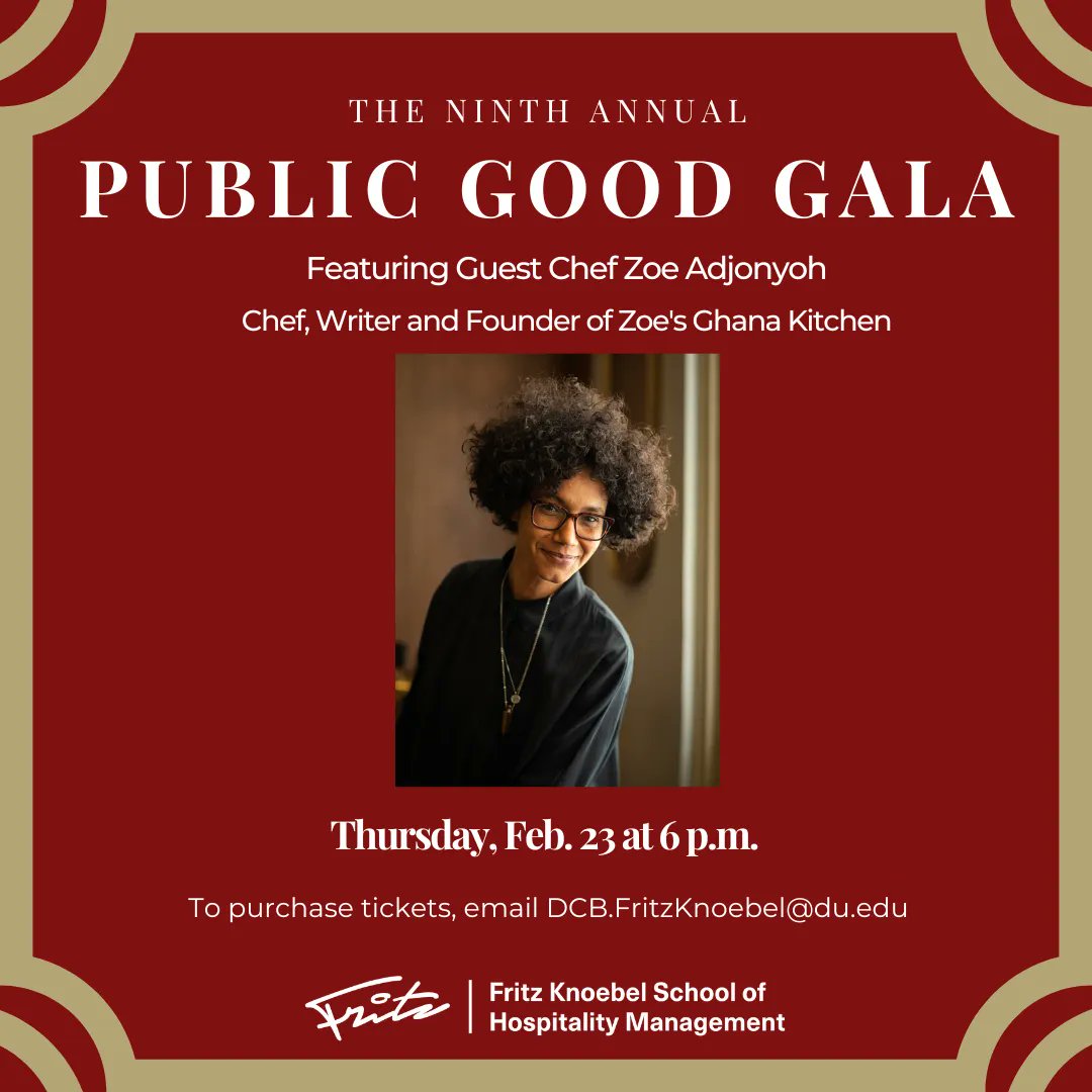 Join us at our 9th Annual Public Good Gala. A 5-course food and wine dinner! Funds raised support Fritz Knoebel’s Refugee/Immigrant training program, Ready for American Hospitality (RAH). 
<a href="/ZoeAdjonyoh/">Zoe Adjonyoh #badassery101</a> <a href="/ACCDenRefugees/">ACC Denver</a> 
<a href="/danielsatDU/">Daniels at DU</a> <a href="/UofDenver/">University of Denver</a> 
<a href="/BreakthruBev/">Breakthru Beverage Group</a>