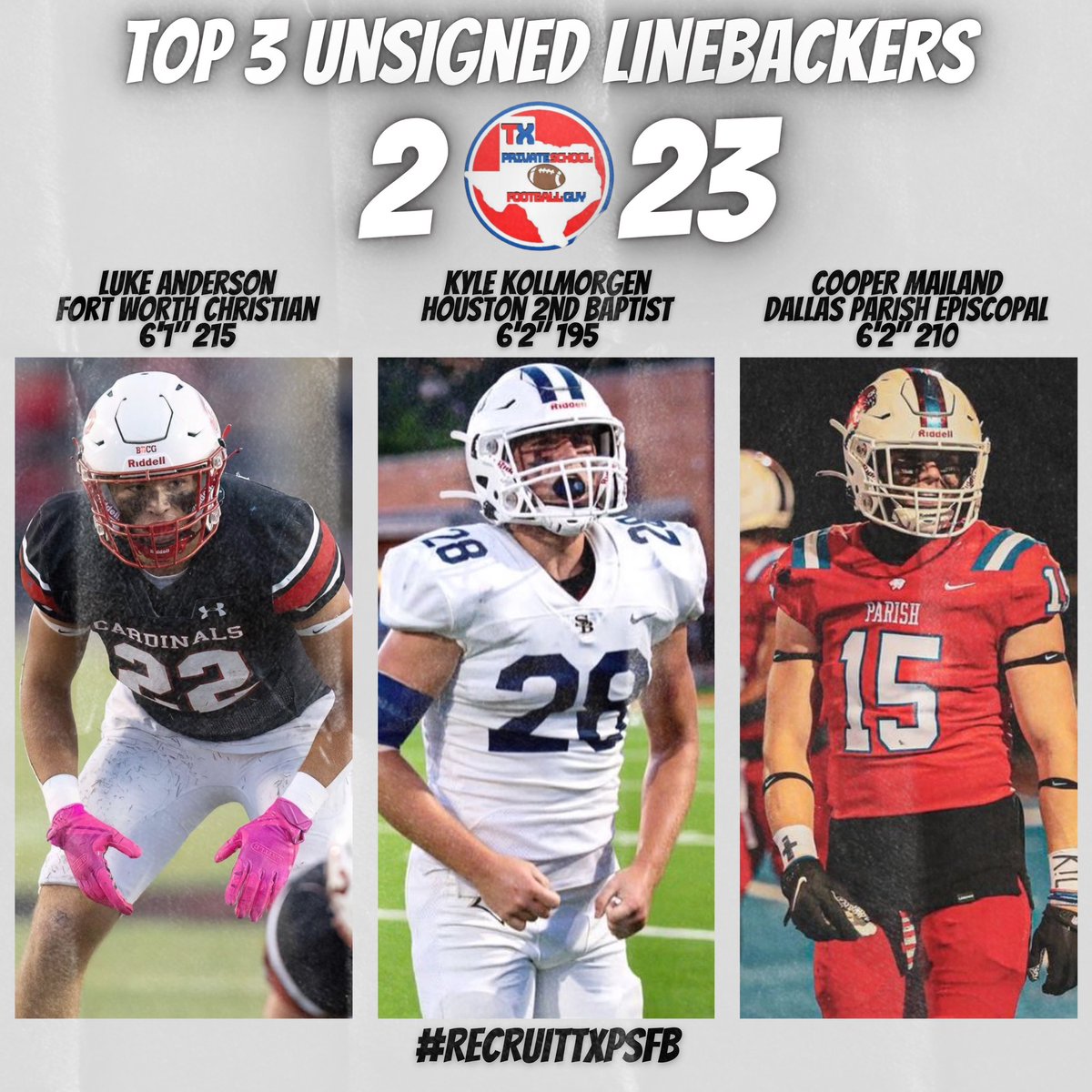 🚨 There are still 2023 TXPSFB Football Prospects available!!! 🚨 

Here are our Top 3 Unsigned Linebacker Prospects to help complete your recruiting class!

<a href="/lukejacob03/">Luke Anderson</a> 
<a href="/KyleKollmorgen/">Kyle Kollmorgen</a> 
<a href="/CooperMailand/">Cooper Mailand</a> 

Also check out:
<a href="/KingZanden/">Zanden King</a> 
<a href="/CavinChumley/">Cavin Chumley</a> 
<a href="/sethfor6/">Seth Scott</a> 
<a href="/AlexRovirosaM/">Alex Rovirosa</a>