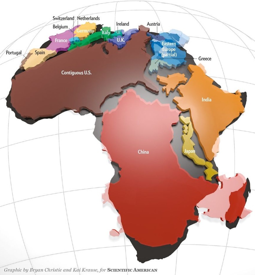 AddictMap's tweet photo. The real size of Africa surprises many because the most commonly used map of the world (Mercator projection), which dates from the 16th century, features a wildly distorted size of the other continents as one moves further from the equator. | Source: https://t.co/kPm4NHDvnM #ma… https://t.co/AoBSjEdcaB