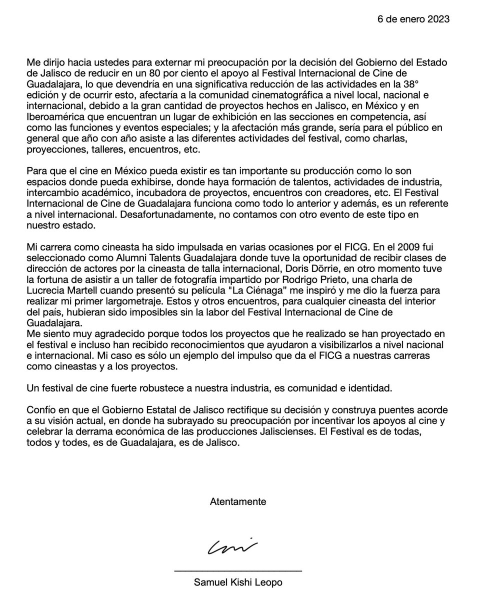 samuelkishi's tweet photo. Comparto esta carta para externar mi preocupación sobre el recorte al presupuesto al @FICGoficial Festival Internacional de Cine en Guadalajara por parte del Gobierno del Estado de Jalisco. https://t.co/0EuvdY2H37