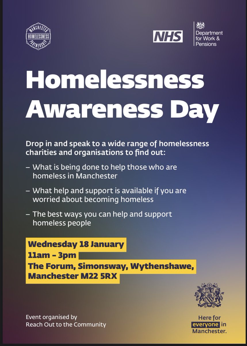 We will be at this event @ForumCentre #Wythenshawe on 18th January - come & find out how you can support people to leave homelessness behind with us & all our partners in the #Manchester Homelessness Partnership
#Homeless
 #partnership
#endhomelessnessmcr