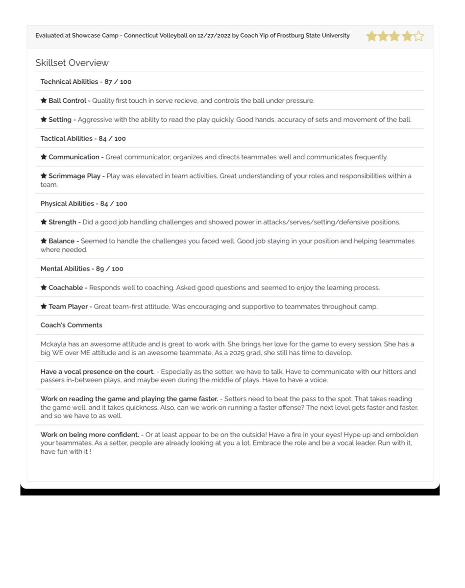 I scored 4/5 on my evaluation at the Exact Sports Showcase! It was great to hear about my game play from a collegiate point of view. A huge thanks to Coach Yip for all of his advice, and all of the drills he taught! I can’t wait to continue to learn and grow as a person +player❤️