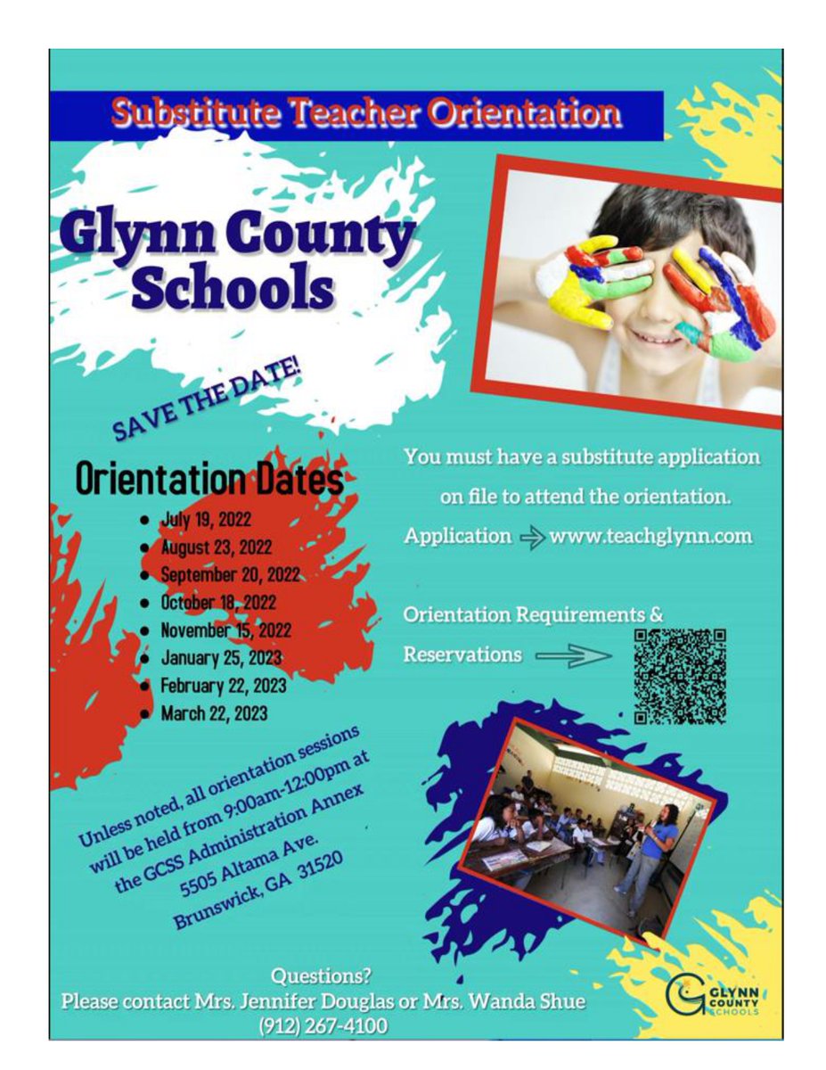 📌Save the dates for Substitute Teacher Orientations. The next one will be held from 9 a.m. to noon on Wednesday, Jan. 25 at our new Board Office (5505 Altama Ave.). Questions? Contact our HR Department at 912-267-4100.