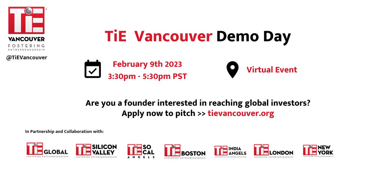 TiE Vancouver (@tievancouver) on Twitter photo Opportunity for Canadian founders to pitch largest angel investor network in the world! Deadline Jan 31st. No cost. Limited spots. Apply >> tievancouver.org
Can you please share <a href="/propelict/">Propel</a> <a href="/voltaeffect/">Volta</a> <a href="/CFIN_RCIA/">Canadian Food Innovation Network</a> <a href="/IGNITEAtlantic/">IGNITE Atlantic</a> @LatAmStartupsCo <a href="/PlanetHatch/">Planet Hatch</a>? Thank you Opportunity for Canadian founders to pitch largest angel investor network in the world! Deadline Jan 31st. No cost. Limited spots. Apply >> tievancouver.org
Can you please share <a href="/propelict/">Propel</a> <a href="/voltaeffect/">Volta</a> <a href="/CFIN_RCIA/">Canadian Food Innovation Network</a> <a href="/IGNITEAtlantic/">IGNITE Atlantic</a> @LatAmStartupsCo <a href="/PlanetHatch/">Planet Hatch</a>? Thank you