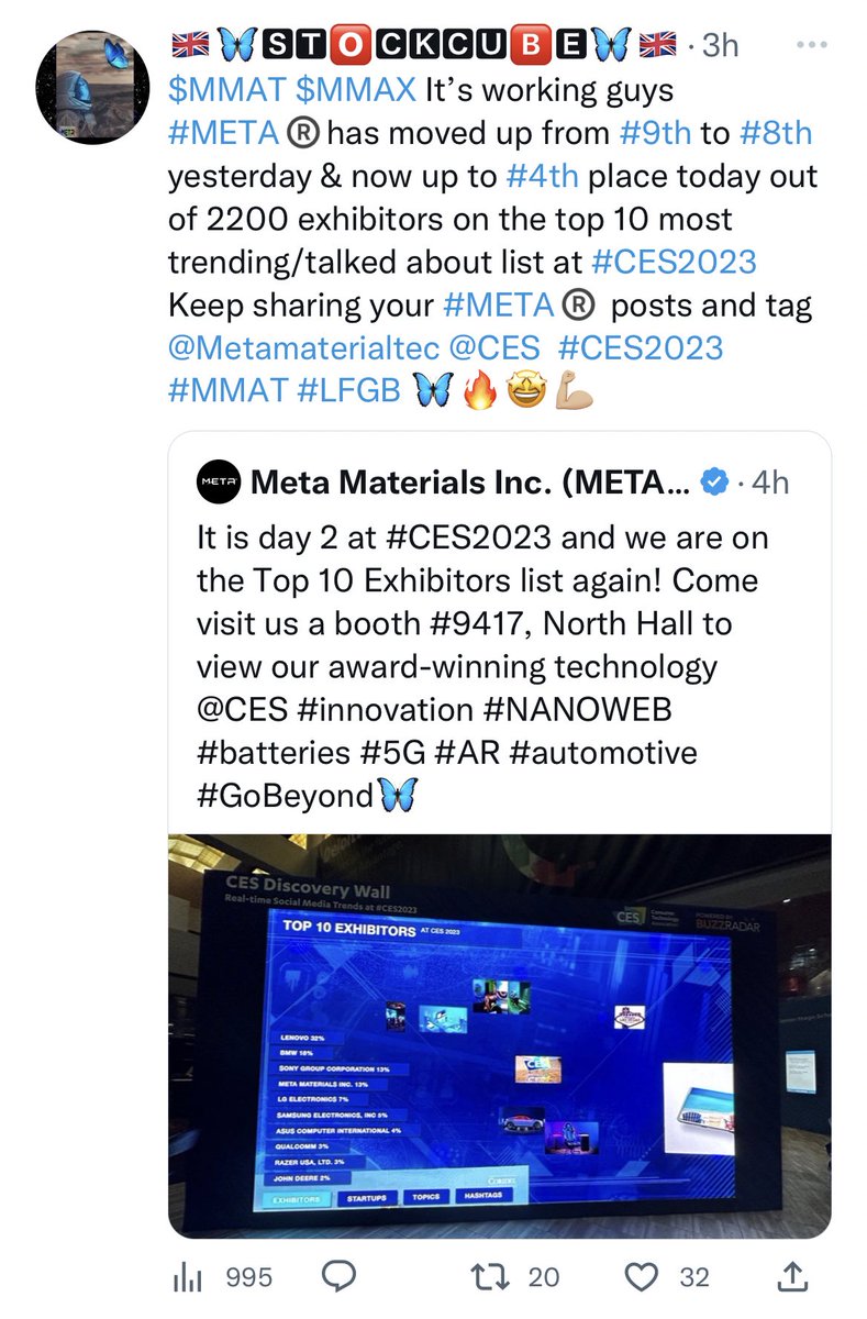 Stock_Cube12's tweet photo. 🚨It worked guys $MMAT $MMAX 🤩
@Metamaterialtec Is now trending/most talked about company/ #Number1 on the list🥇out of 2200 exhibitors at #CES2023 @CES #MMAT
Keep the tagging/sharing everyone Let’s hold our seat on the throne 👑🔥
#LFGoBeyond 🦋🏆🥇
Visit #META®️at booth #9417 https://t.co/grvbHWPz0K