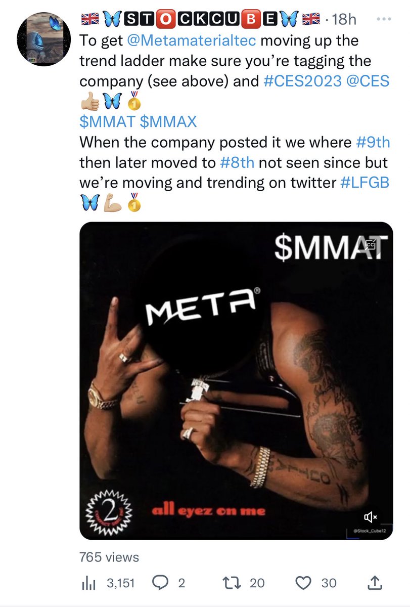 Stock_Cube12's tweet photo. 🚨It worked guys $MMAT $MMAX 🤩
@Metamaterialtec Is now trending/most talked about company/ #Number1 on the list🥇out of 2200 exhibitors at #CES2023 @CES #MMAT
Keep the tagging/sharing everyone Let’s hold our seat on the throne 👑🔥
#LFGoBeyond 🦋🏆🥇
Visit #META®️at booth #9417 https://t.co/grvbHWPz0K