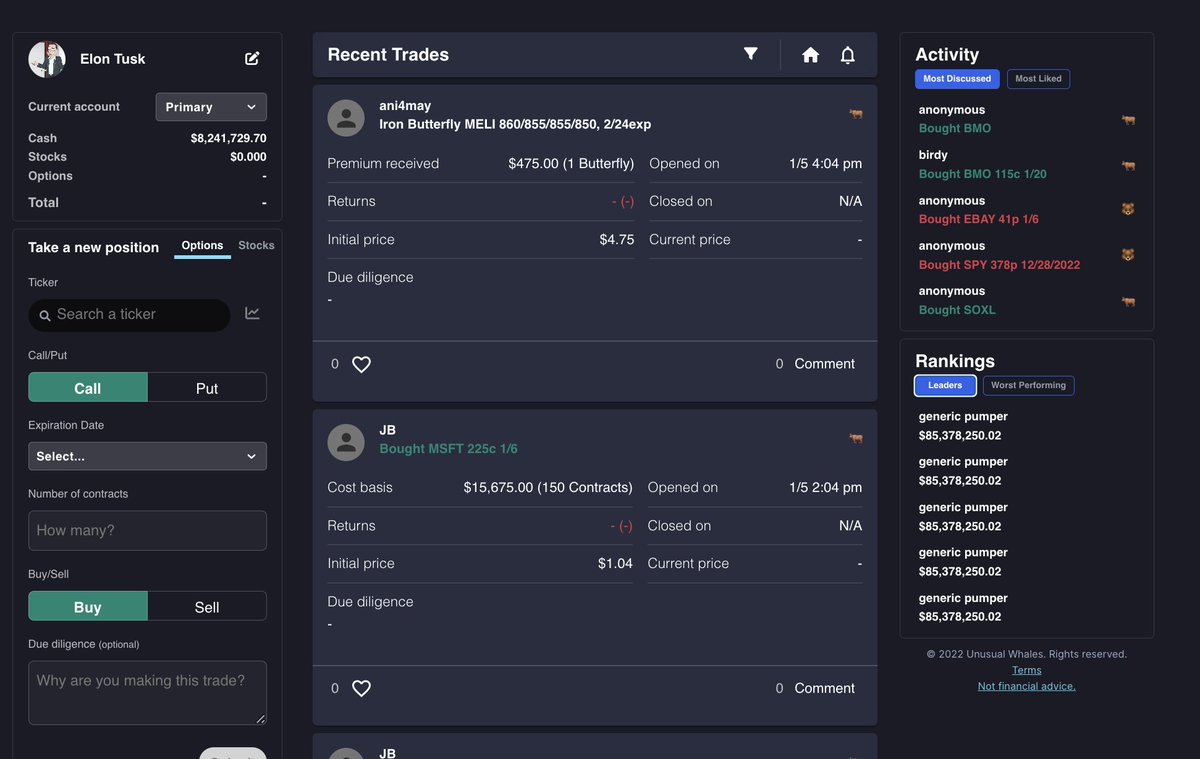 unusual_whales's tweet photo. Have you wanted to try trading this new year but too afraid to use real money?

Try https://t.co/x21sikihQS.

We built a free paper trader for you to trade any option, equity strategy.

Practice shorting $SPY, selling spreads, anything! 

Trade for free (with social features too) https://t.co/SzNP2tcJzH