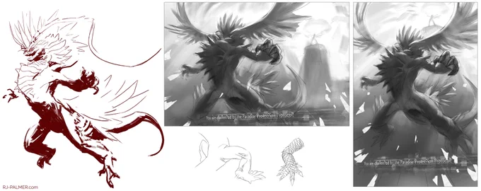 I did that initial rough thumbnail at 3am right after beating the game so its particularly sloppy. At first I tried it in a landscape format but it just wasn't working. Bonus red sketch is from when Koraidon was first announced and the limbs are just warmup doodles. 