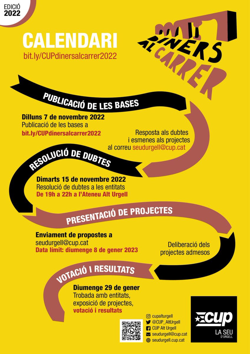 CUPlaSeu's tweet photo. Recordeu entitats i associacions de #laSeu, teniu fins dia 8 de gener per enviar el vostre projecte en el procés de #DinersalCarrer de la #CUPlaSeu https://t.co/IMAwQvQsvs