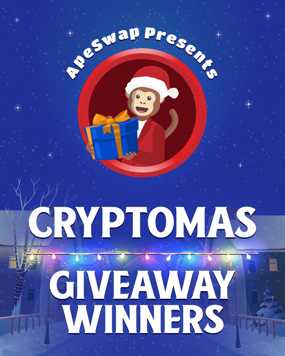 🎅 Thank you to everyone who participated in the second #ApeSwap Cryptomas &amp; a big shoutout to our partners who contributed to the event!

💛 <a href="/GMRCenter/">GMR</a>
💛 <a href="/ApeSwapNFT/">ApeSwap NFT</a>
💛 <a href="/CEEK/">Ceek</a>
💛 @ApolloX_com
💛 <a href="/HelloTelos/">Telos</a>
💛 <a href="/NFTYFinance/">NFTY</a>

🏆 Winner's list:
➡️ apeswap.click/cryptomas22-wi…