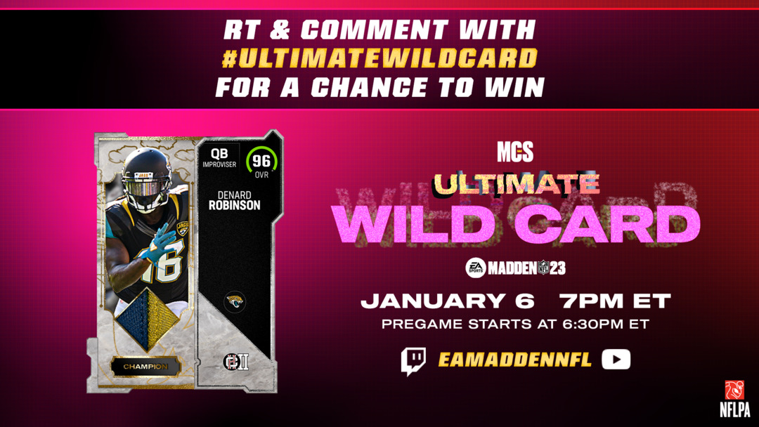 EAMaddenNFL_MCS's tweet photo. RT &amp; Comment with #UltimateWildcard &amp; who you got during tonight's #Madden23 MCS broadcast.

Doing this will give you a chance to see your tweet on the show &amp; a chance to win a @EASPORTS_MUT Denard Robinson 🃏

Twitch: https://t.co/L0d3QFZfU4

YouTube: https://t.co/0wdc0bhftf https://t.co/X3qnRGGuv0