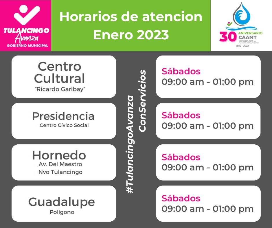 CAAMT_Tgo's tweet photo. Recuerda que también estaremos laborando los días sábados durante el mes de Enero y Febrero para que aproveches los descuentos en el pago de tu servicio de agua potable, te invitamos a que te acerques a nuestras cajas de cobro en un horario de 09:00 am - 01:00 pm. https://t.co/SDXkvLIXOG