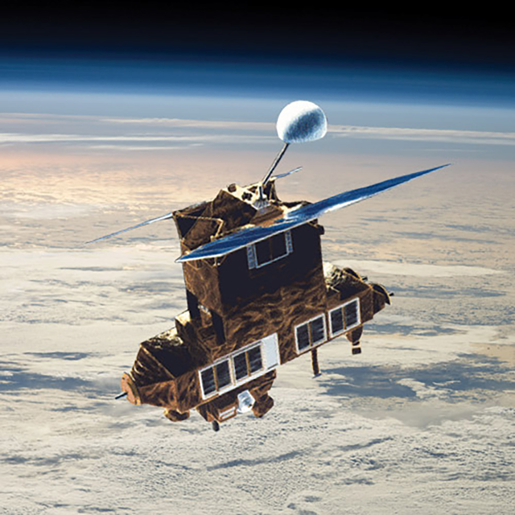 Artist rendition of ERBS in orbit with Earth in the background.