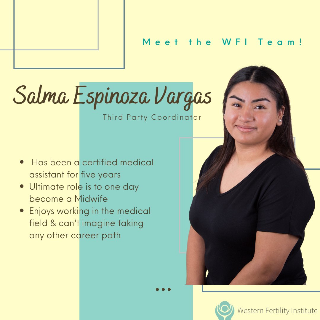 WesternFert's tweet photo. Meet the WFI team! 🤗💪🏼✨

Salma began working with us just this year. She is fluent in Spanish and English. Salma takes great delight in helping others. She loves directly working with intended parents, surrogates, and egg donors on their baby journey. https://t.co/DVG7WjIrMi