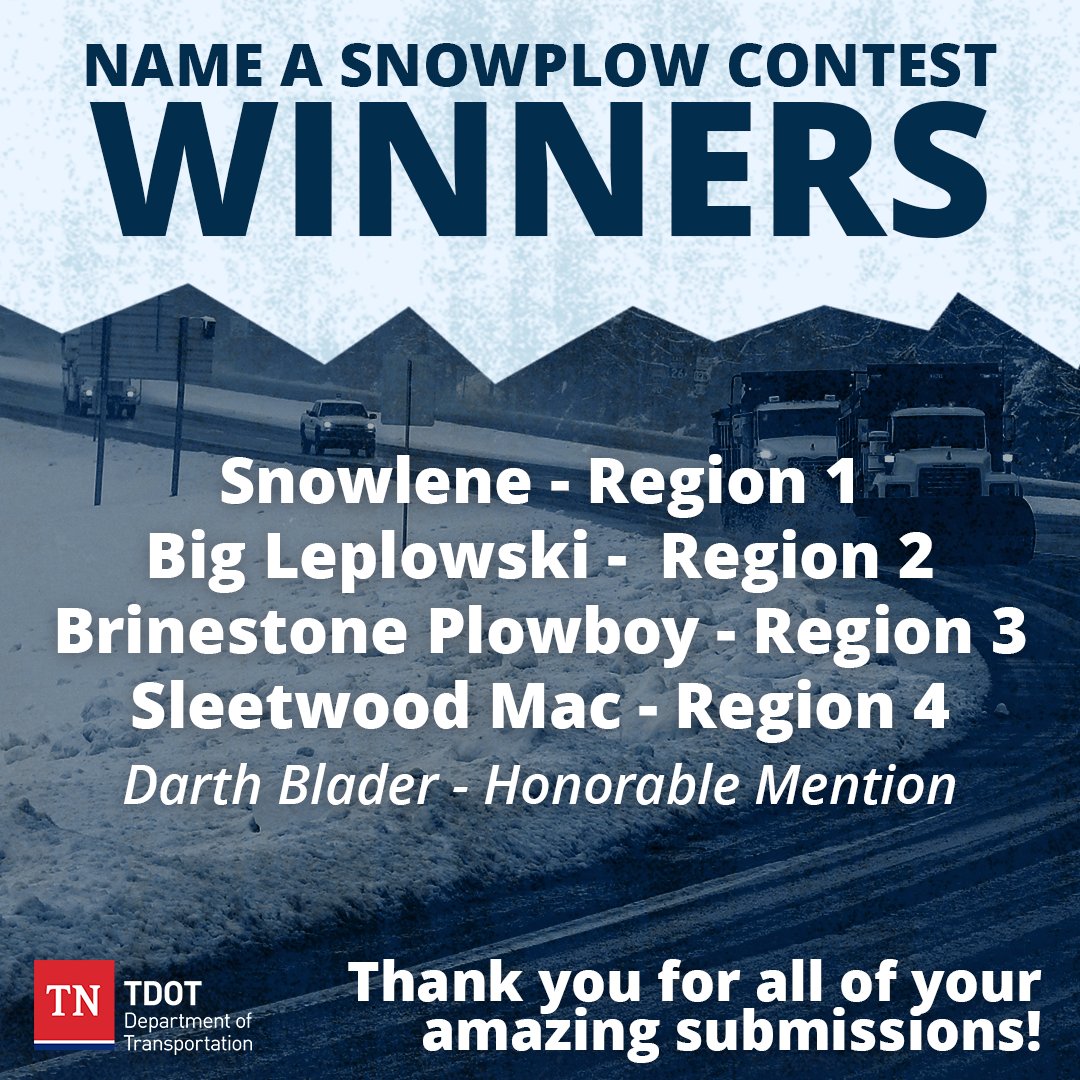 myTDOT's tweet photo. And without further delay, here are our Name-A-Snowplow contest winners! Thanks so much everyone, for your votes and submissions! Be on the lookout for these rockstars on a highway near you this winter! 😉❄⛄🧊 https://t.co/JhtO8HBHP8