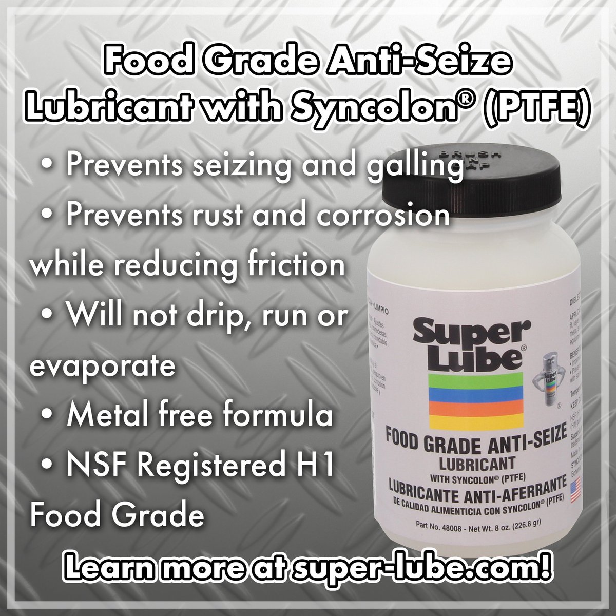 SuperLubeUSA's tweet image. Super Lube® Food Grade Anti-Seize Lubricant with Syncolon® (PTFE) is used to improve gasket performance and removal and prevents thread galling during installation. Learn more at super-lube.com/food-grade-ant…!

#SuperLube #FoodGrade #AntiSeize #PTFE #EnvironmentallyFriendly