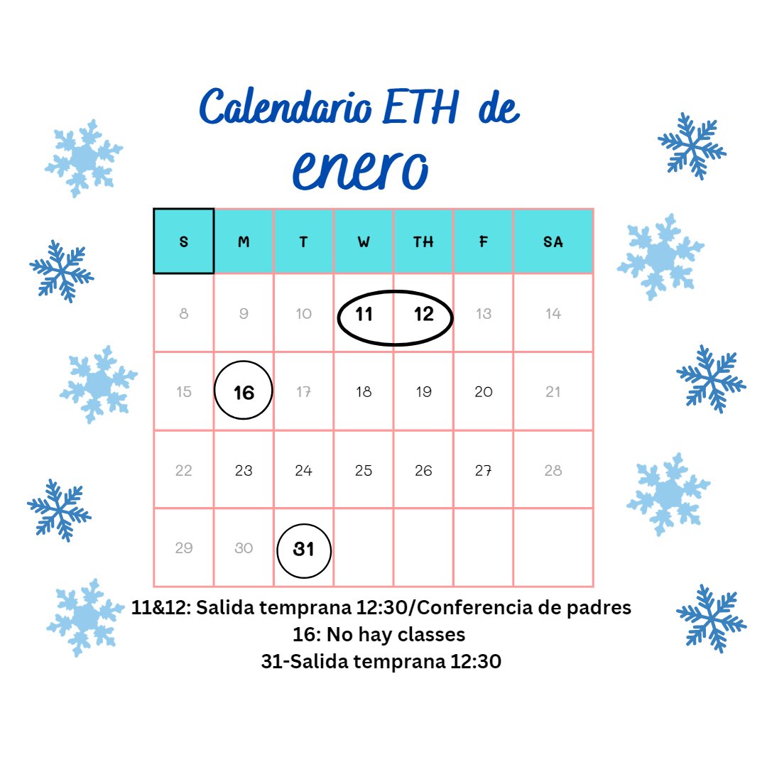 Reminders: Early dismissal on January 11th and 12th for parent conferences. No extended school days on January 10th and 11th. 
Recordatorios: Salida temprano el 11 y 12 de enero para conferencias con los padres. No tendremos días escolares extendidos el 10 y 11 de enero.