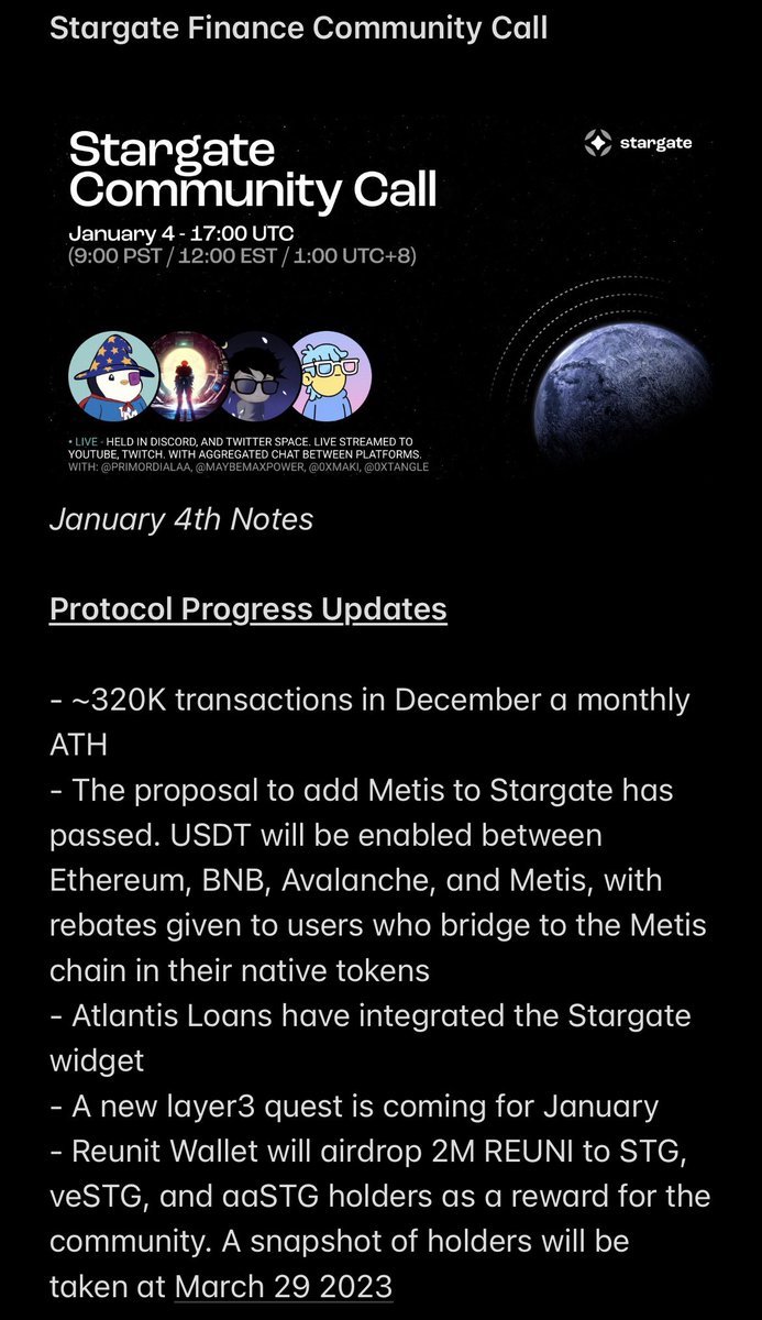 StargateIntern's tweet photo. Intern notes on the latest @StargateFinance Community Call including:

- Adding @MetisDAO 🌿
- Proposals &amp; Discussions 📜
- EOY Recap 🎉 https://t.co/0U8InUlliq