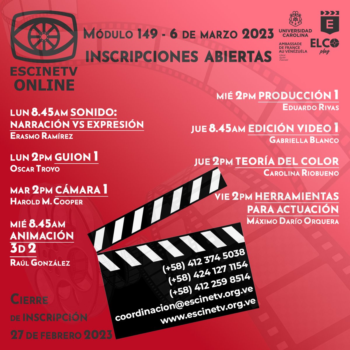 Fecha valor martes 10 enero 2023
Admisión. Constancias: $120 - Bs. 2.233,66
Módulo 149 (1 a 5 talleres): $310 - Bs. 5.770,28
Valor Actual 3 años (14 módulos): $5.610 - Bs. 104.423,42
