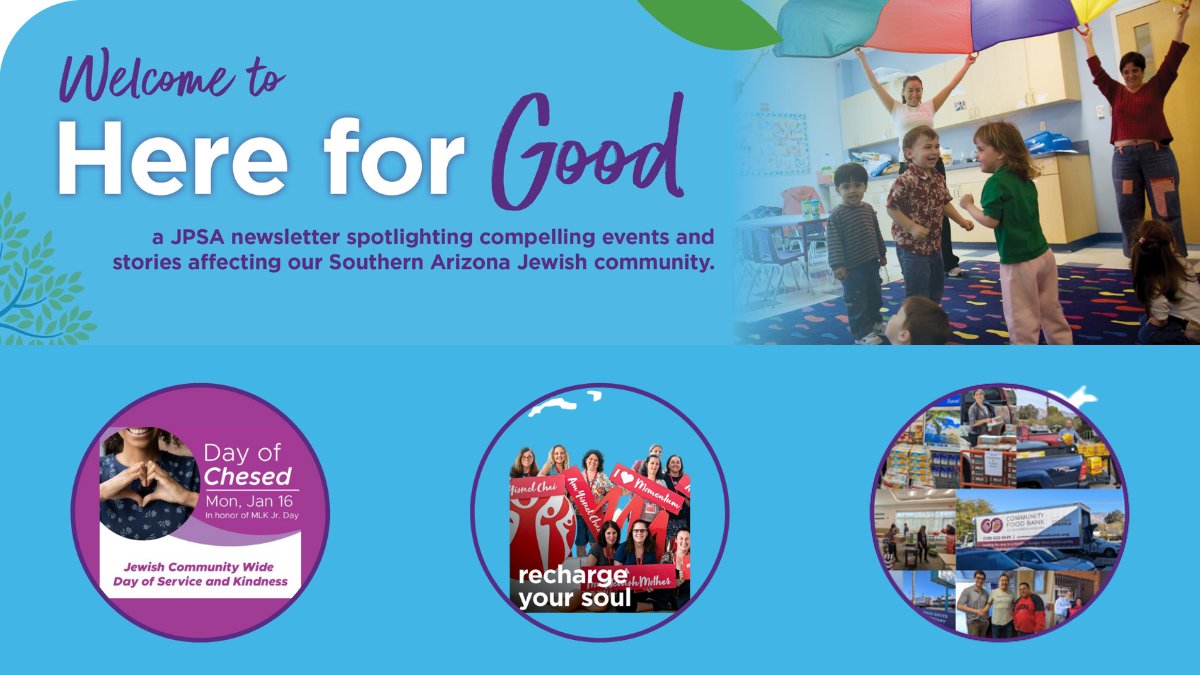 JPSATucson's tweet photo. A chance to spread kindness on a Day of Chesed, a unique opportunity for Jewish moms, and a small Hanukkah miracle: Read about these and more in today's #HereForGood https://t.co/Bs6AUMHw6R https://t.co/giL3FaA29P