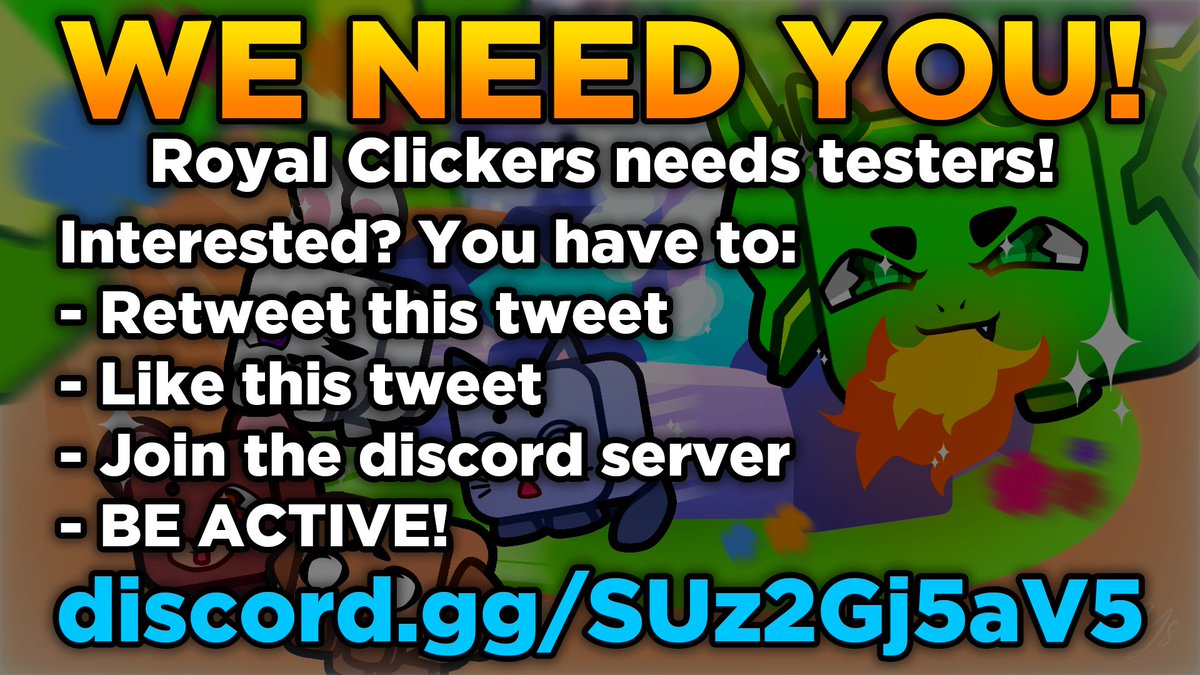 ✨ Testers needed for Royal Clickers!

📌 Follow the steps on the image below, and reply with your discord tag!

👀 discord.gg/SUz2Gj5aV5

 #Roblox | #RobloxDev
