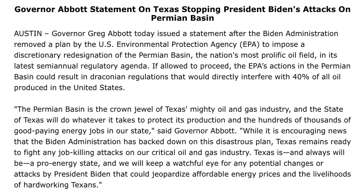The Biden Admin. backed down from a plan to destroy oil production in the Permian Basin.

A win for Texas. 

We remain ready to fight any attack on our mighty oil &amp; gas industry &amp; protect good-paying energy jobs.

Texas will ALWAYS be a pro-energy state. 

bit.ly/OOGpmb