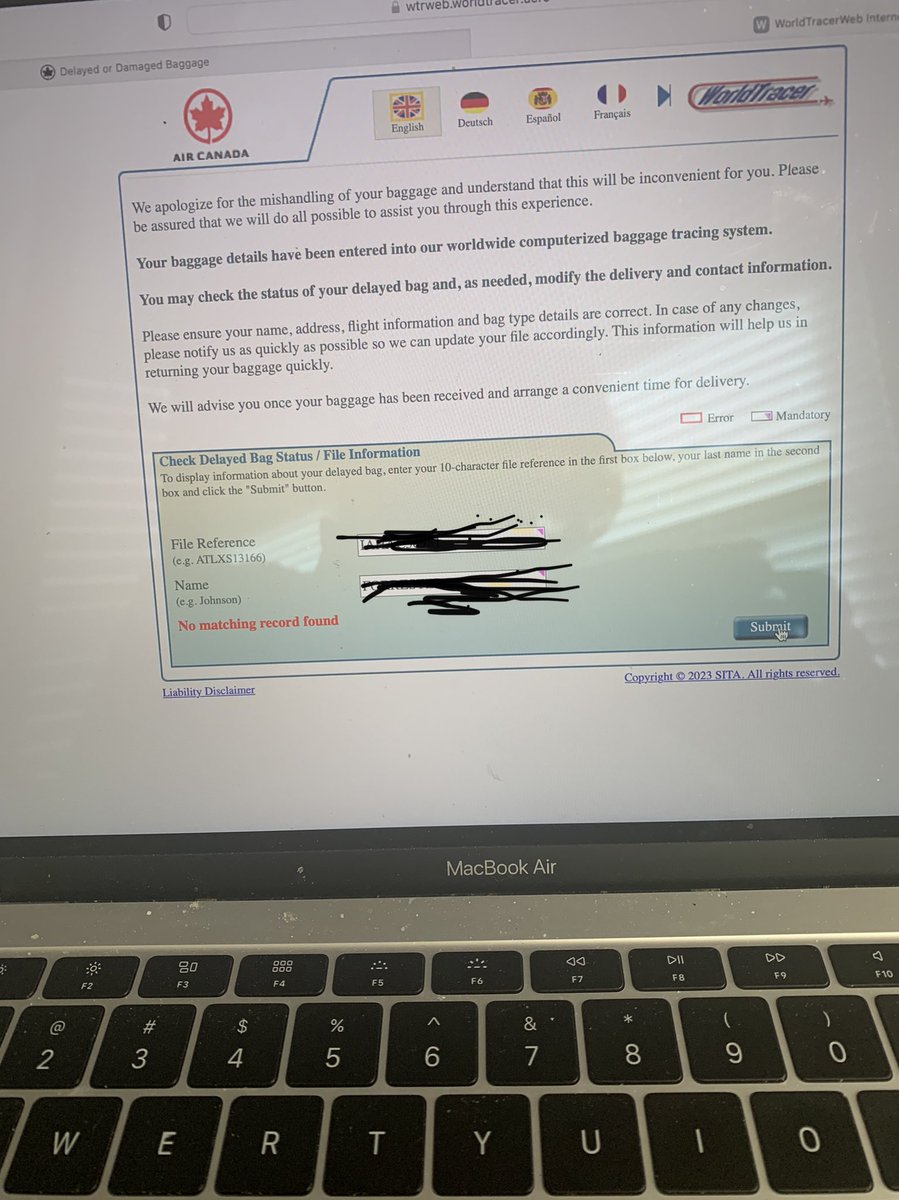 ellenforrester's tweet photo. Hey @AirCanada I’ve now held for over TWO hours to check on my lost bag. How is this possible? Can’t do it online either as it says “no matching record found” Frustration doesn’t come close to what I’m feeling . https://t.co/jNyfcnsLqx