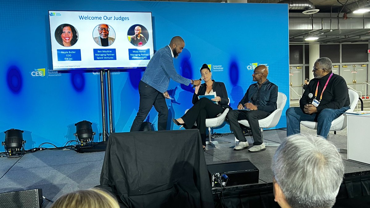 FrankGruber's tweet photo. The @CTAFoundation pitch competition host today is @alberttalks and the judges include Nicole Butler, @kerrywashington Inc., Moaz Hamid, mvmt Ventures, and Ben Moultrie, Spock Ventures. 
#vc #startup #CES2023 https://t.co/1T5S8cVp7Q