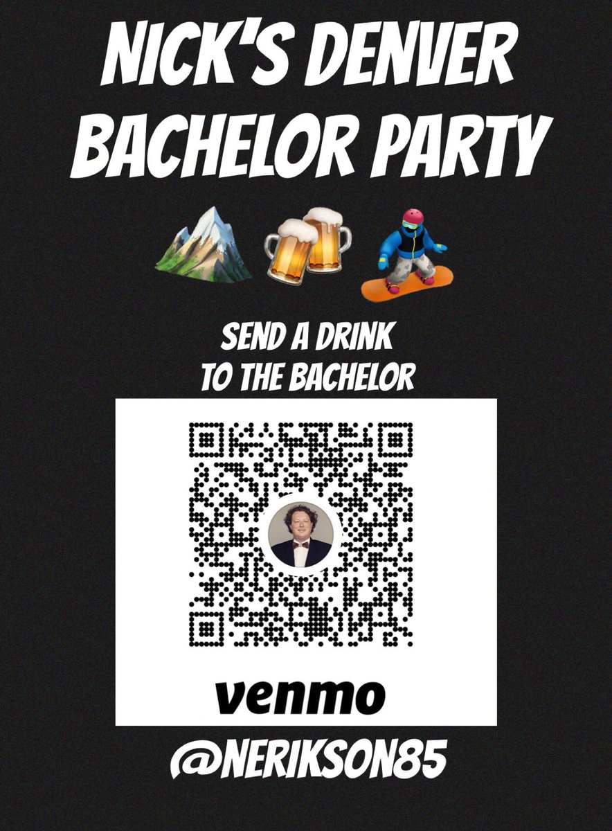 NErikson85's tweet photo. My best friends set up an account for my bachelor party this weekend!!! Any thing you can contribute is awesome! Thanks I’m advance Twitter fam!! 🍻🥃🥂🍸
#bachelorweekend #sendadrink https://t.co/LrWkQbSrq2