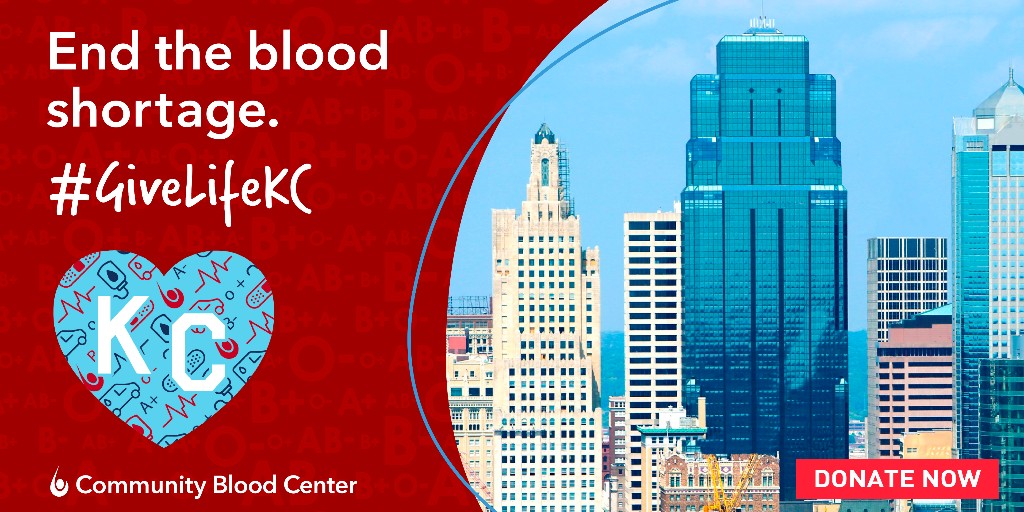 Illustration of a KC heart with health care icons in the background. #GiveLifeKC End the blood shortage and Donate Now call to action button.