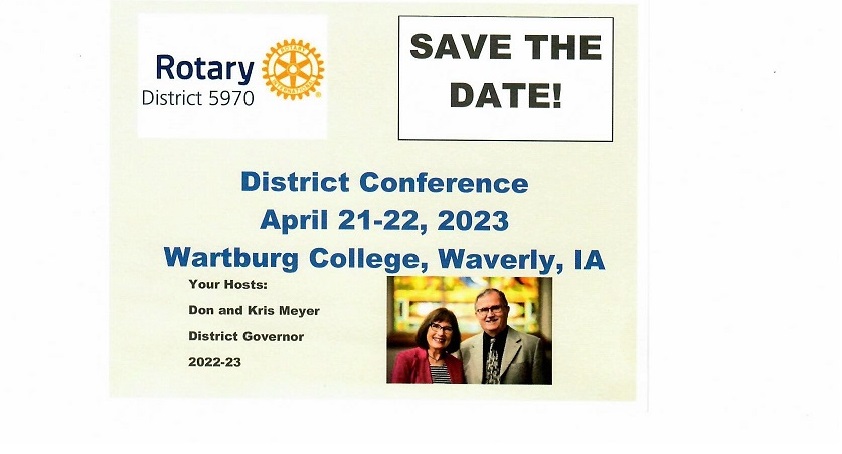 5970Rotary's tweet image. Registration is now open for the 2023 District Conference to be held in Waverly at Wartburg College on April 21 and 22.  Registrations made by April 1 will be put in a drawing to receive a reimbursement of their registration fee.  Register here -ow.ly/jle250MkpUe .