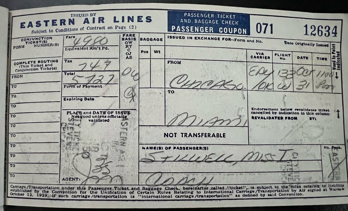 My Grandma gave me an old Eastern Airlines Ticket with some cool info! 

Date: 10/31/50
Chicago to Miami 
Flight: 133
Cost: $57.27 

#easternairlines #vintage #airlineticket #throwback #paperticket #reservation #eastern #airline #travel #vintageaviation