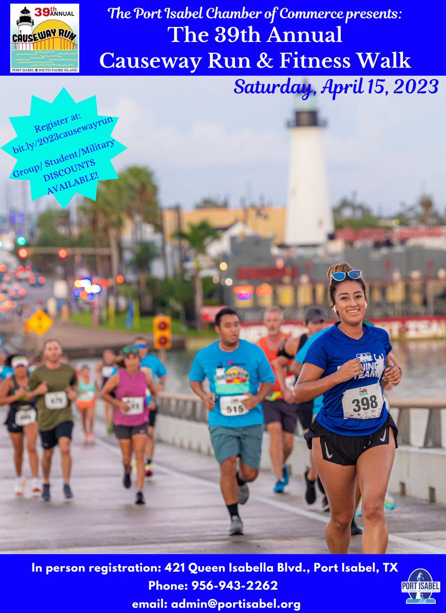 📣Registrations for the 39th Annual Causeway Run and Fitness Walk are now open! 
Registration can be done at: bit.ly2023causeway run OR at The Port Isabel Chamber of Commerce office located at 421 Queen Isabella Blvd Port Isabel, TX 78578.☎️Feel free to contact us @ (956)943-2262