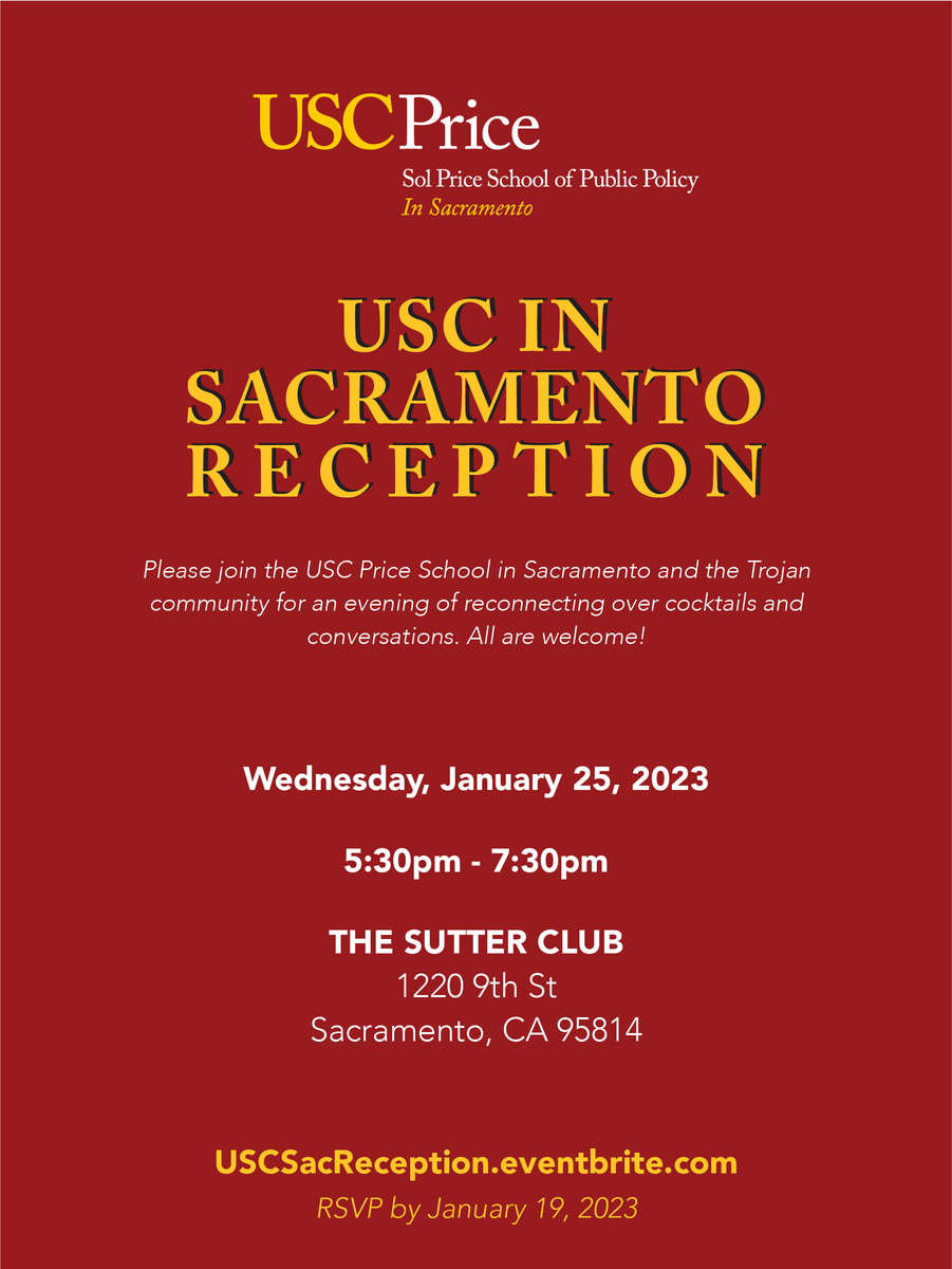USCsacto's tweet photo. Join us for our first event of the year! The USC in Sacramento Reception on Wed 1/25 will bring together the Sacramento Trojan community for cocktails and conversations. RSVP: https://t.co/80AV3jvL7H https://t.co/LBFLGeFP30