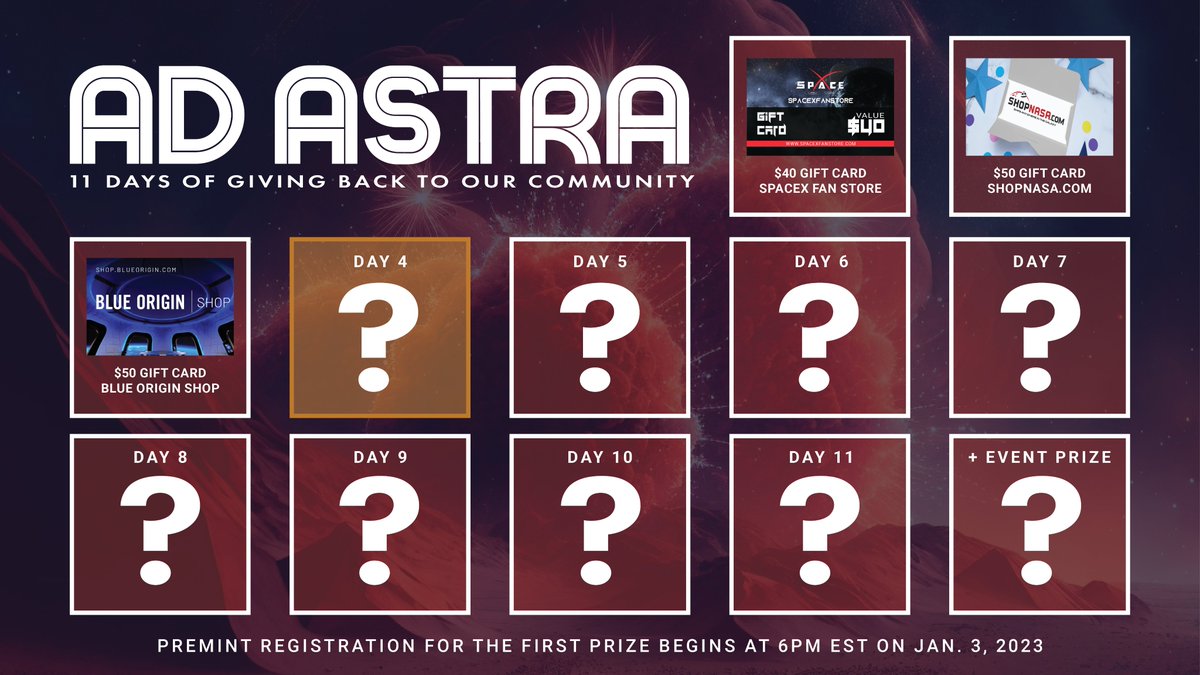 👀 Guesses for the 4th prize of the Ad Astra Festival?

Our season of giving continues tomorrow for all Starborn and Launch Pass holders. Register NOW on @PREMINT_NFT for your chance to win the daily prize:
premint.xyz/AdAstraFestiva…

#space #spacegiveaway #NFTCommmunity