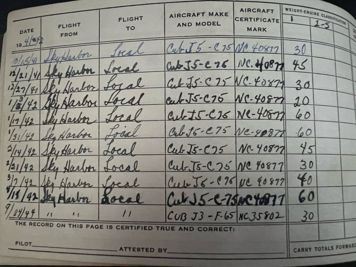 My other grandma, was a pilot in the 1940’s. This is her logbook from back then. 

Aircraft: Cub J5 (Piper) 
Airport: SkyHarbor (Chicago, not Phoenix) 

I am just fascinated by this and makes sense how I got into Aviation!!! 

#pilotbook #logbook #history #vintageaviation #avgeek