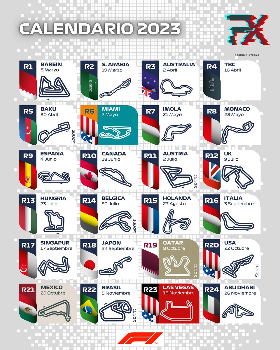FormulaXtreme's tweet photo. El calendario de la F1 y sus categorías de promoción. 
El post completo aquí: https://t.co/GFPXXltMs2
#F1 #F12023 #Formula1 #F2 #F3 https://t.co/IvnJRuWYyt