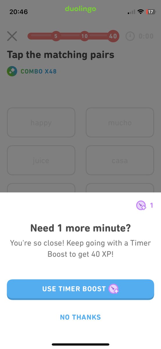 kerriboom's tweet photo. @duolingo Hello, the app just made me use a timer boost despite finishing all the matches, had to sit on the match screen for a minute, then it asked me to use another timer boost once the timer ran out… v. strange!! Ended the session and got the 40XP anyway 😱🤦🏼‍♀️ https://t.co/opAI8r1aJg