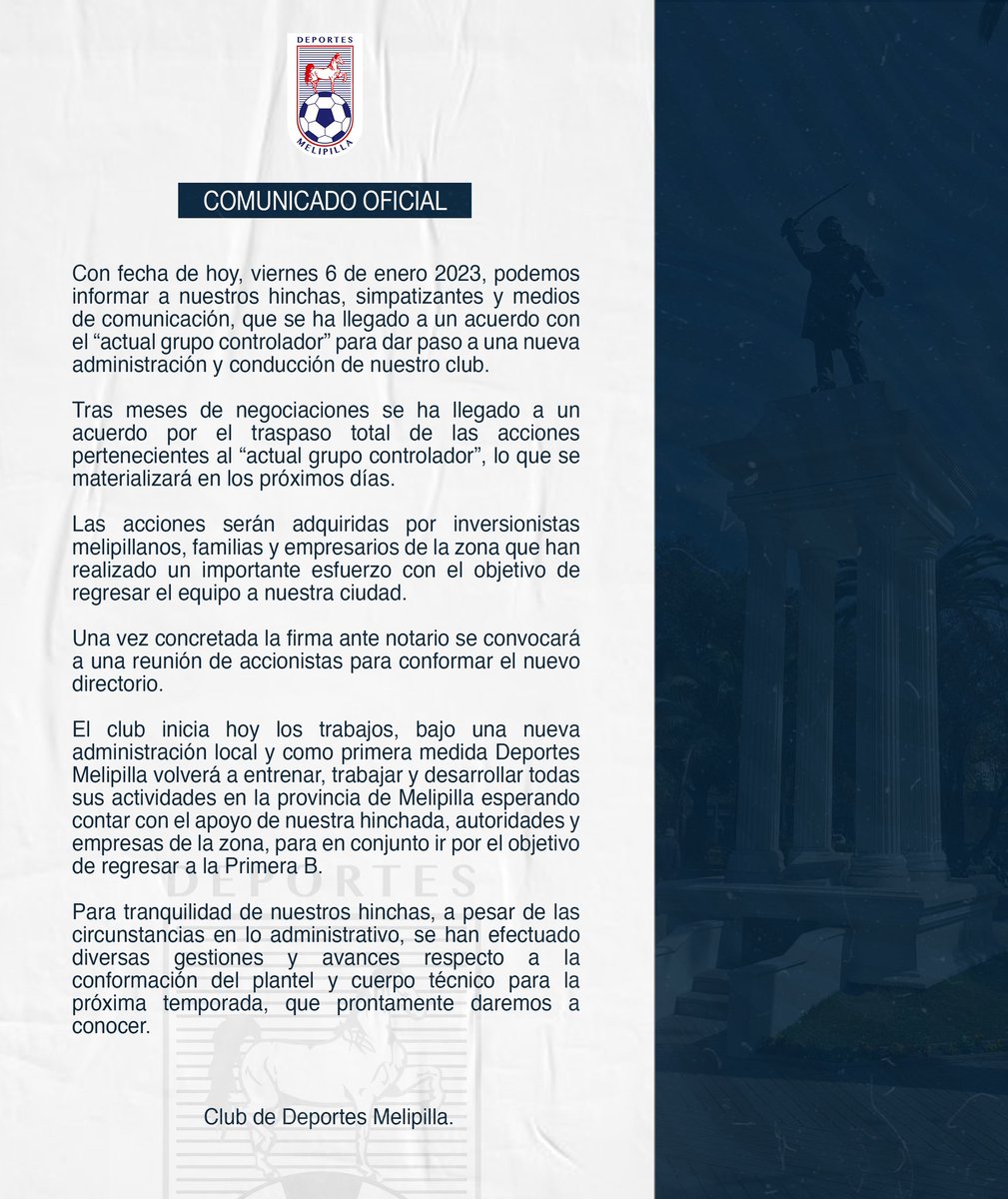 📄COMUNICADO OFICIAL

#VamosMelipilla ⚪🔵