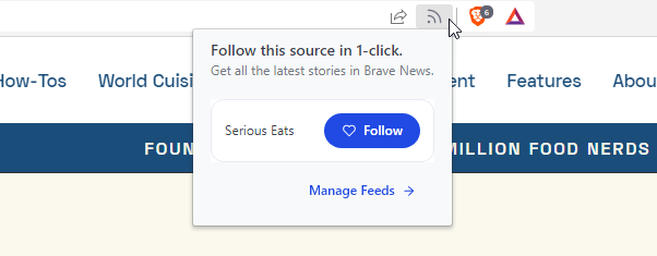 When you browse publishers' websites in Brave, you'll now see a Follow button in the URL bar. Click it to instantly add the site's latest content to your Brave News feed!

This change is available on desktop with today's update (v1.46.153) and is coming soon to iOS and Android.