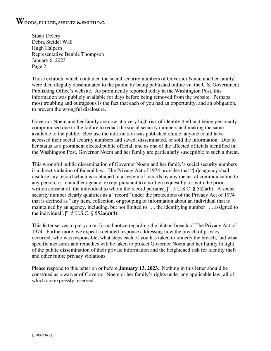 KristiNoem's tweet photo. My lawyers have asked the @WhiteHouse, the @USNatArchives, and @BennieGThompson which of them is responsible for leaking the Social Security Numbers of me, my husband, my 3 kids, and my son-in-law.

What specific measures and remedies will be taken to protect our identities? https://t.co/HWBu5ukWPP