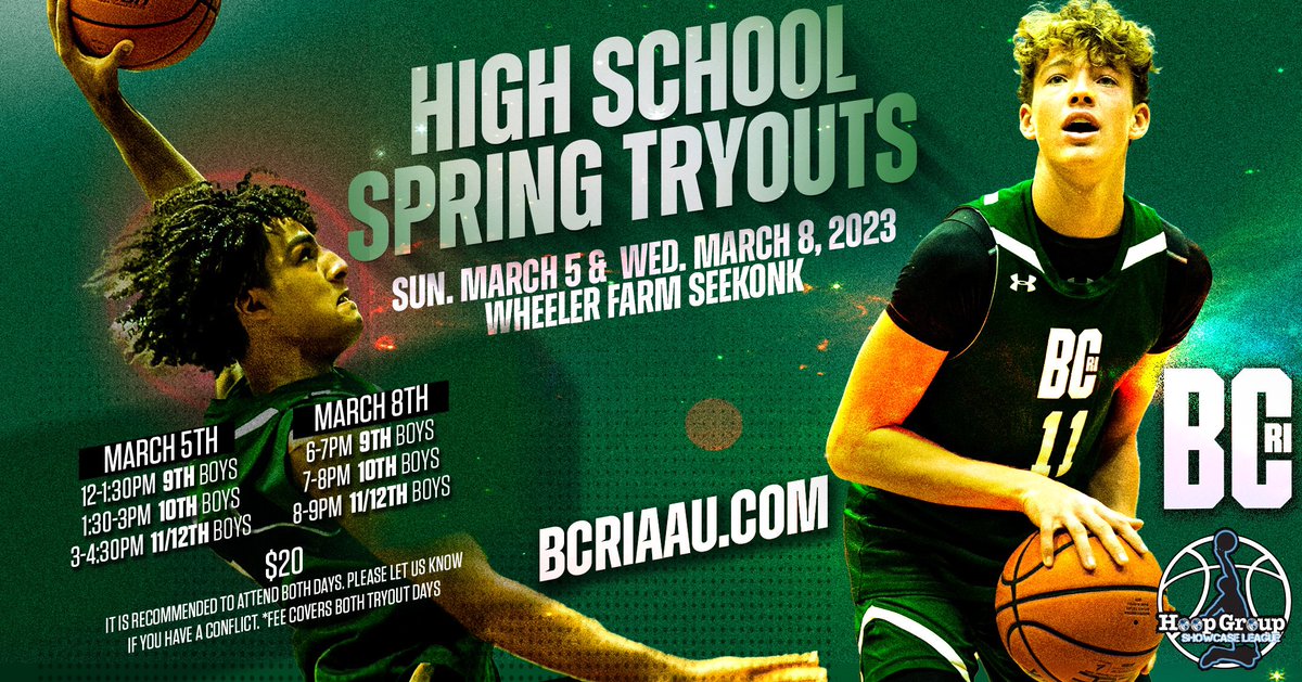 🚨 BCRI High School Spring 2023 Tryouts Announced❗️

Come join a program that values development, fun &amp; college placement at all levels! 

🔗 Must pre-register at: bcriaau.com 
ℹ️ All information on flyer
📧 DM/Email with any questions