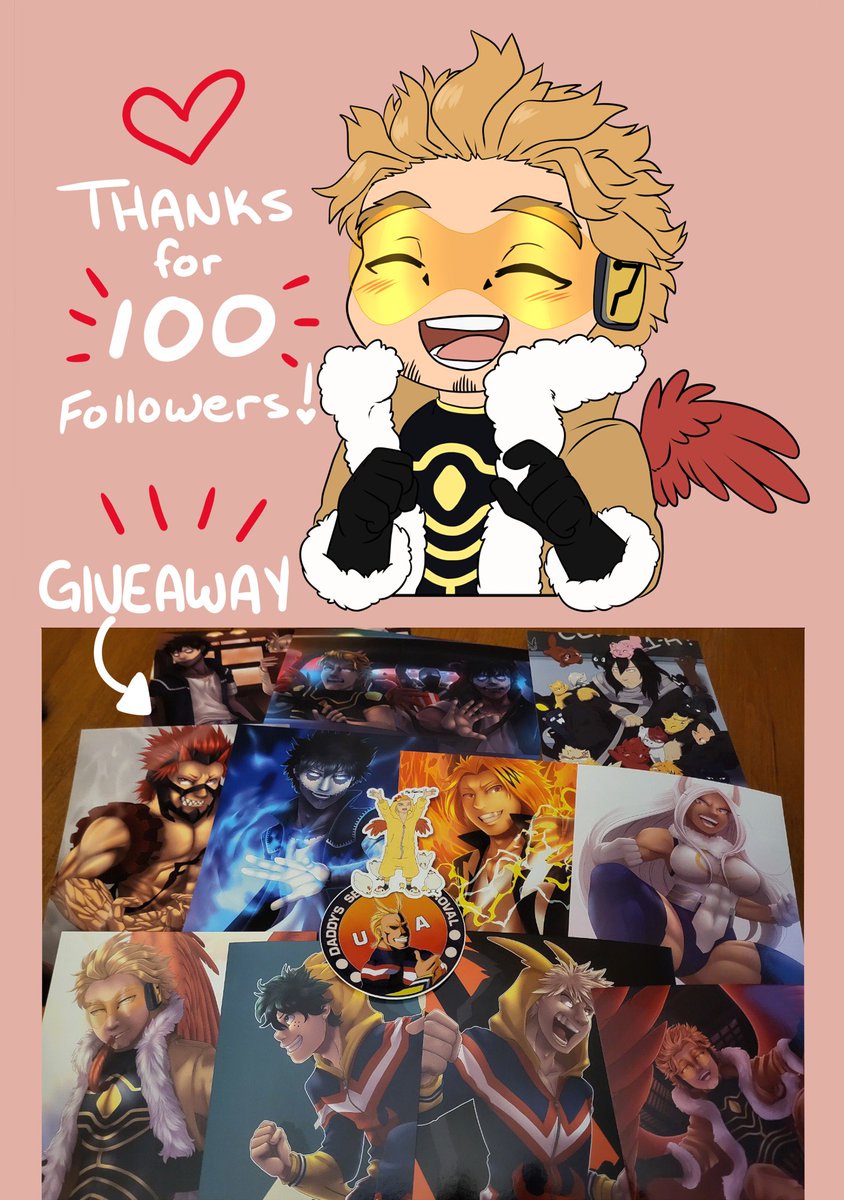 🎉Thanks for the 100 followers!!!!🎉
I love doing giveaways so lets go!

Rules: 
Must be following
❤️+🔁 post
I'll draw a name Jan 31st 
What you get, BNHA themed 5x7 prints and stickers❤️
Thank you guys so much for enjoying my work 🥰
#MyHeroAcademia #bnha #mha #hawks #keigo